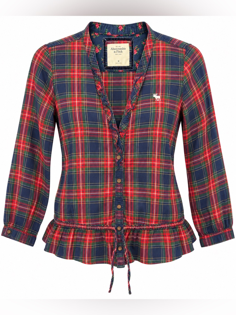 Abercrombie & Fitch Red Blue Green Plaid Tartan Blouse with Ruffles size Medium